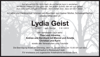 Traueranzeige von Lydia Geist von Pegnitz-Zeitung
